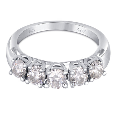 Sterling silver white moissanite 5-stone ring with sparkling gemstones, elegant jewelry design from Copper Juniper.
