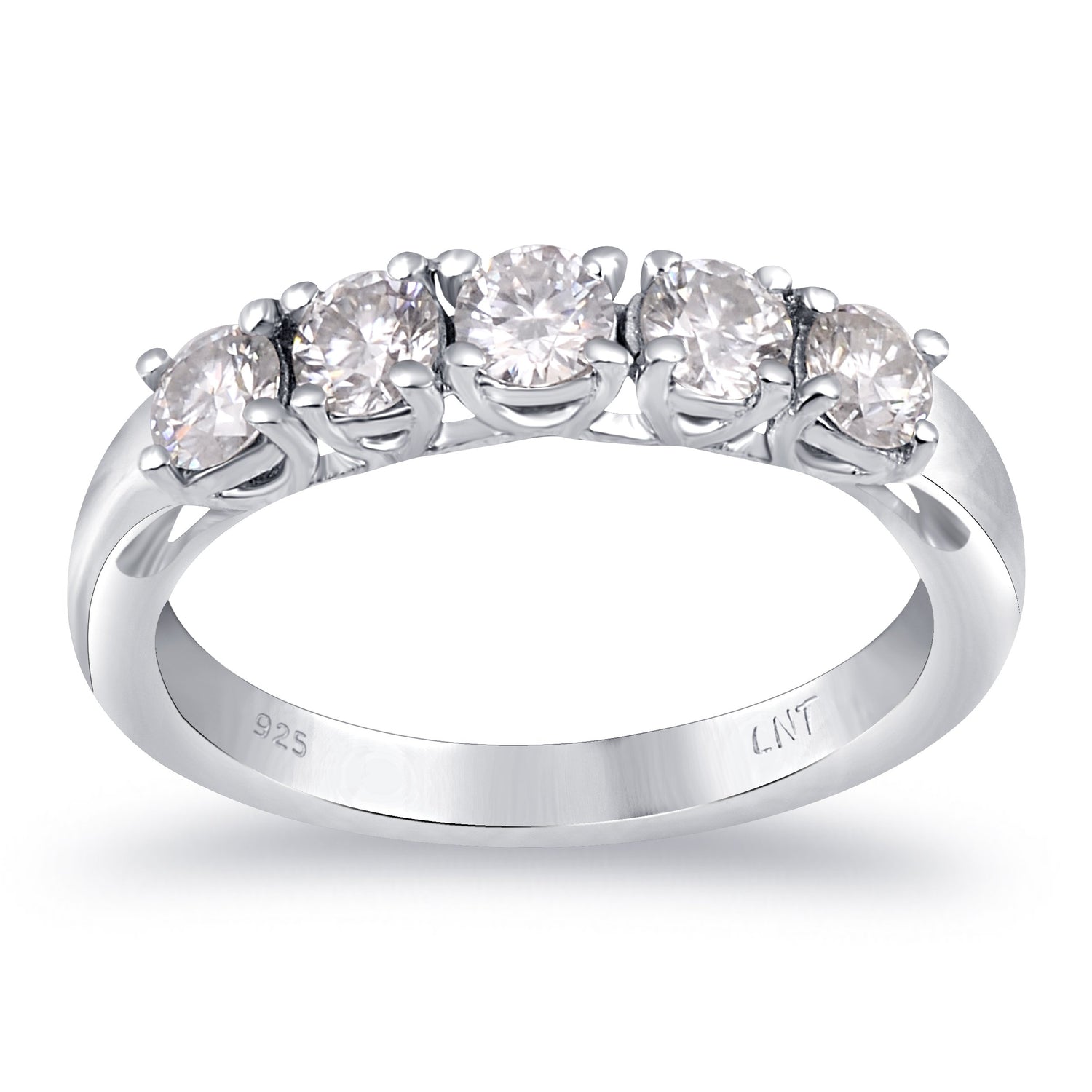 Sterling silver white moissanite 5-stone ring with sparkling gemstones, elegant jewelry by Copper Juniper.