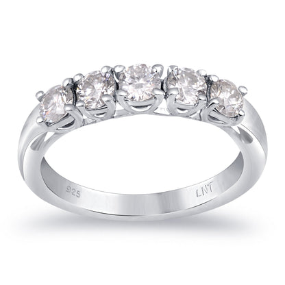 Sterling silver white moissanite 5-stone ring with sparkling gemstones, elegant jewelry by Copper Juniper.