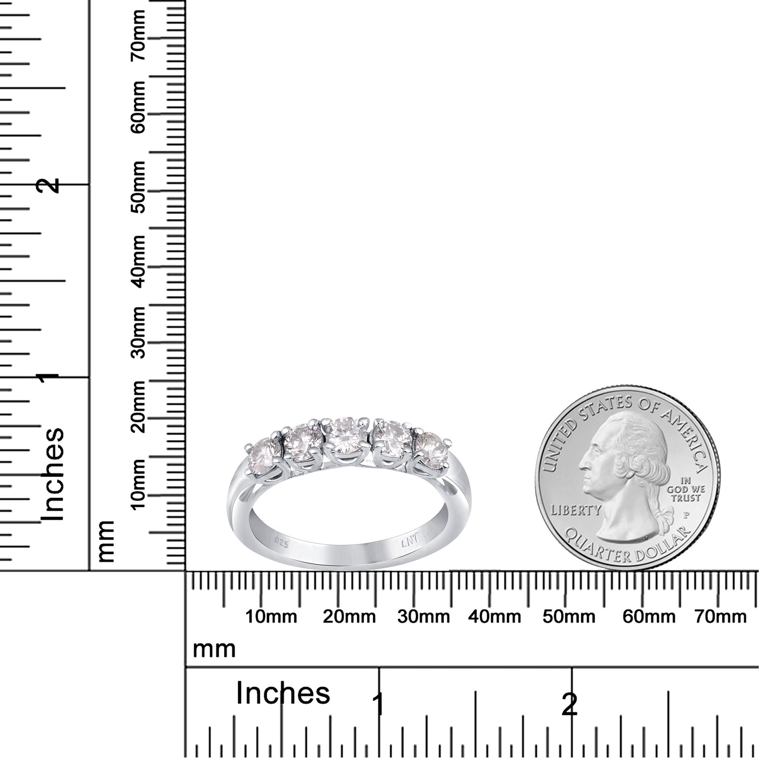Sterling silver white moissanite 5-stone ring featuring sparkling gemstones, elegant jewelry piece with a sleek design.