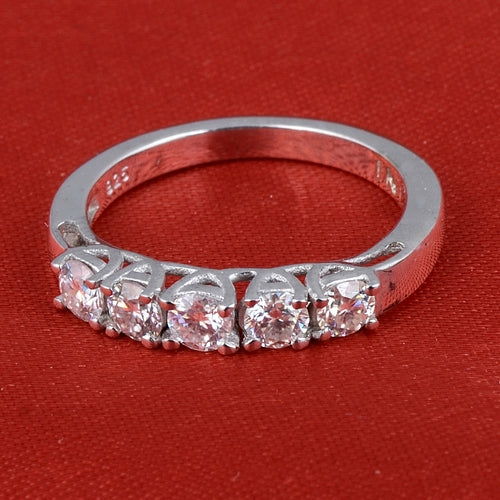 Sterling silver white moissanite 5-stone ring with elegant design, showcasing sparkling stones set in a polished band.