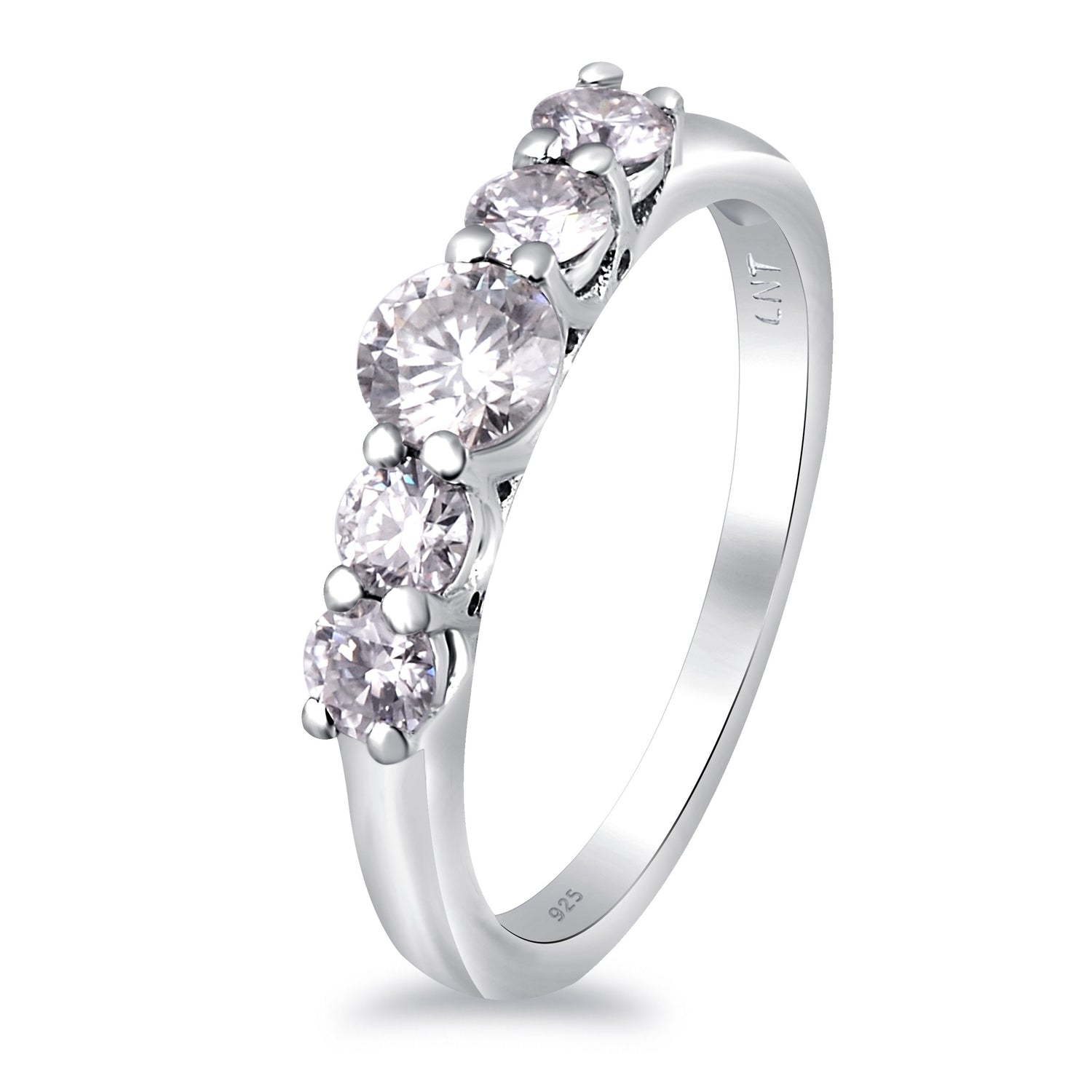 Sterling silver white moissanite 5-stone ring featuring sparkling gemstones set in elegant jewelry design.