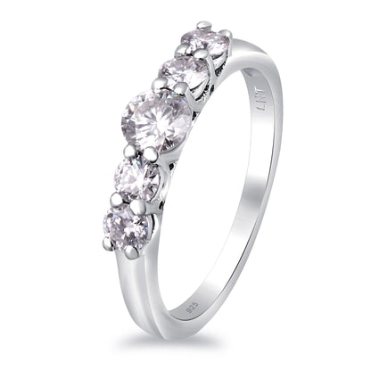 Sterling silver white moissanite 5-stone ring featuring sparkling gemstones set in elegant jewelry design.