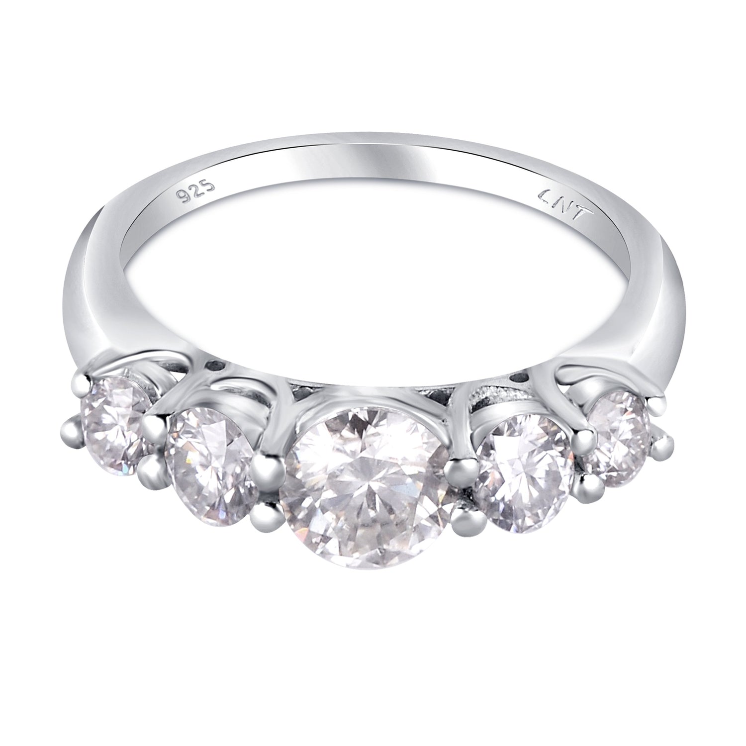White moissanite 5-stone sterling silver ring featuring sparkling gemstones, elegant jewelry piece by Copper Juniper.