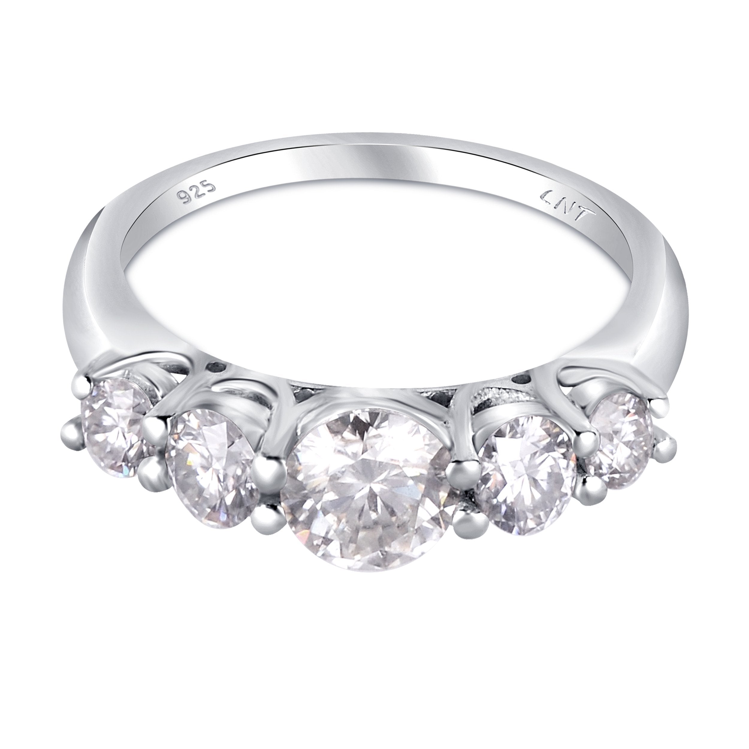 White moissanite 5-stone sterling silver ring featuring sparkling gemstones, elegant jewelry piece by Copper Juniper.
