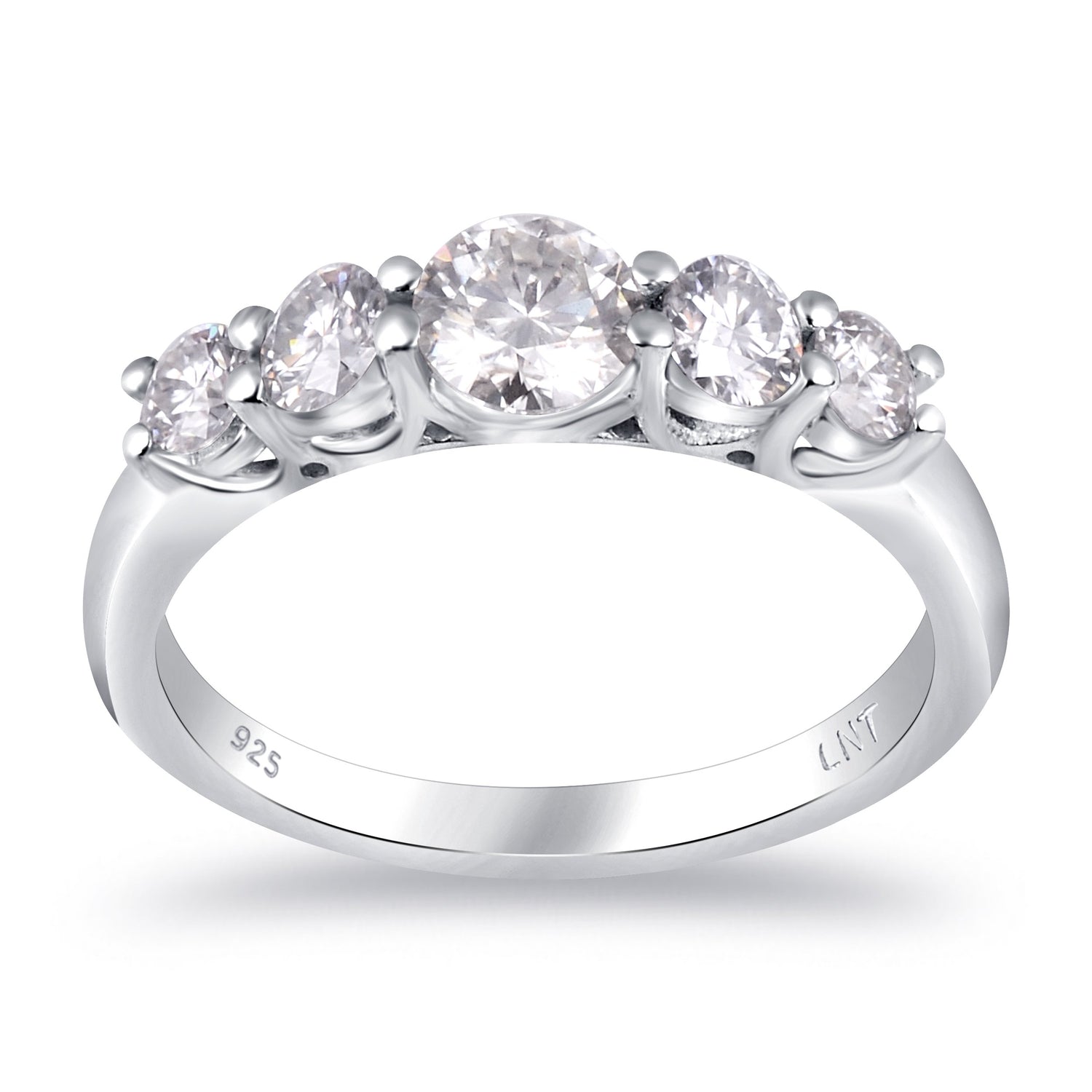 Sterling silver white moissanite 5-stone ring with elegant design, showcasing sparkling gemstones and a polished band.