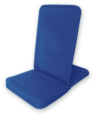 Royal blue OMSutra folding meditation chair by Alabaster, portable and comfortable for outdoor and indoor meditation practices.