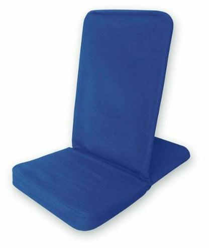Royal blue OMSutra folding meditation chair by Alabaster, portable and comfortable for outdoor and indoor meditation sessions.