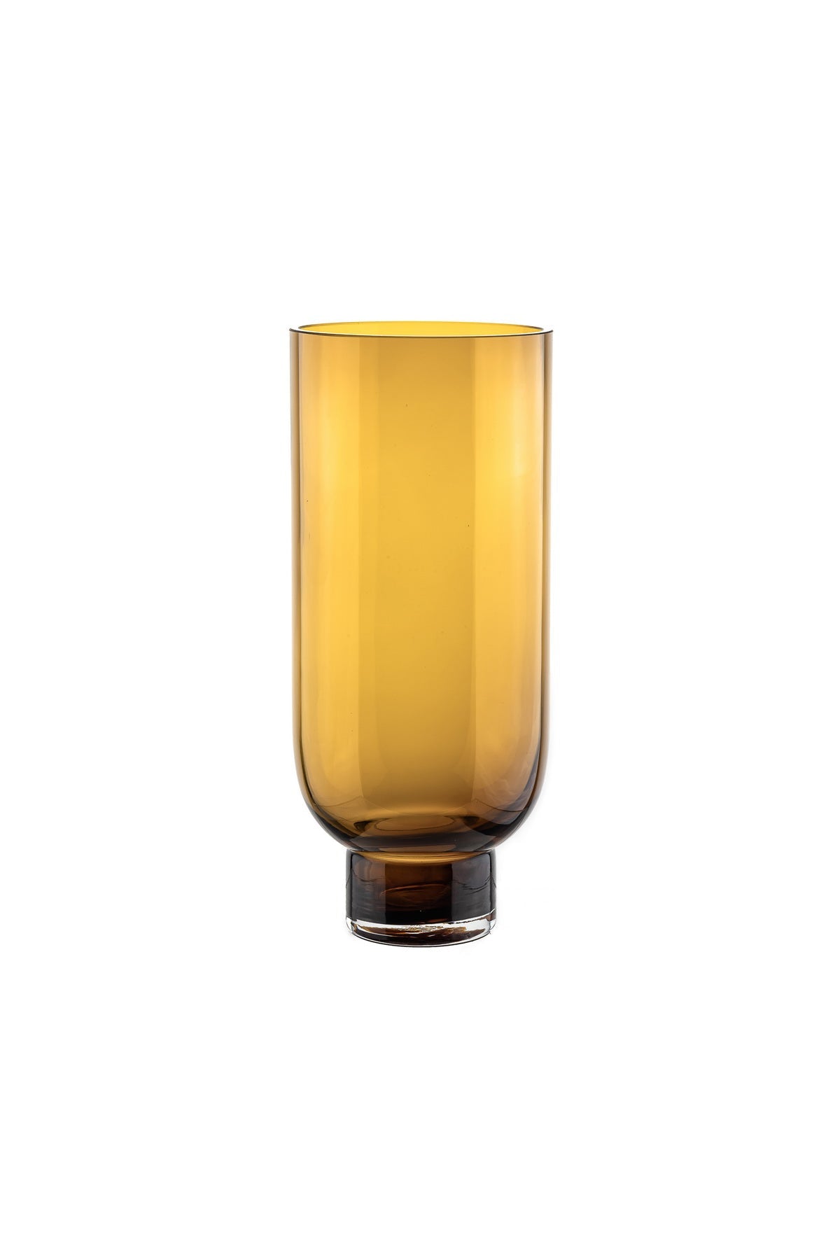 Modern Sober Harlequin Poplar glass vase, cylindrical shape with solid base, in warm dark tone, ideal for home decor.