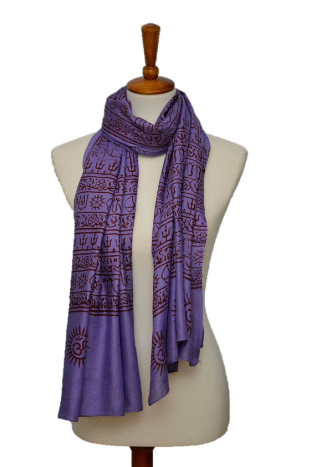 Purple OM Yoga Meditation Mantra Prayer Shawl by Alabaster, large scarf with OM NAMAH SHIVAYA design, ideal for meditation and prayer.