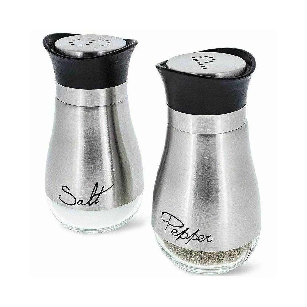 Stainless steel and glass salt and pepper shakers set, BPA-free, 4oz kitchen accessories by Yellow Pandora, with a sleek modern design.