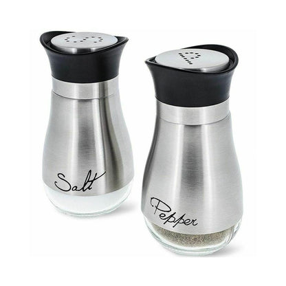 Stainless steel and glass salt and pepper shakers set, BPA-free, 4oz kitchen accessories by Yellow Pandora, with a sleek modern design.