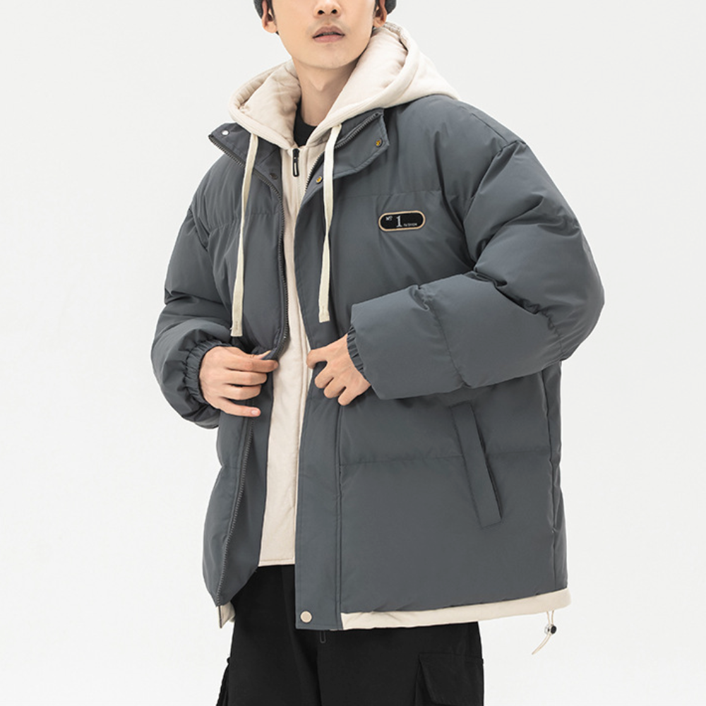 Mens layered look hooded puffer jacket by Yellow Pandora, featuring a stylish grey design with a hood and quilted insulation.