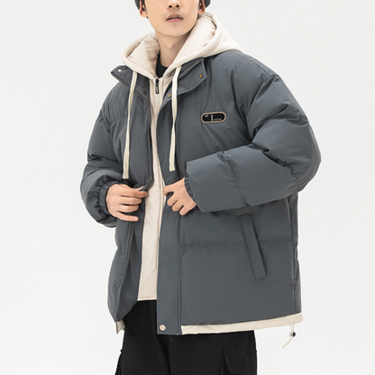 Mens layered look hooded puffer jacket by Yellow Pandora, featuring a stylish grey design with a hood and quilted insulation.