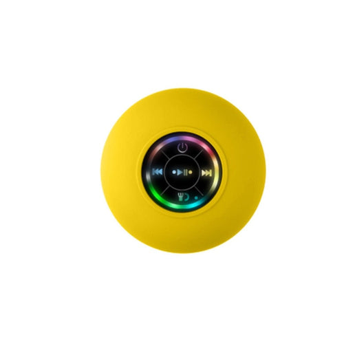 Mini waterproof RGB Bluetooth speaker by Yellow Pandora, showing colorful LED lights and compact design for portable audio.