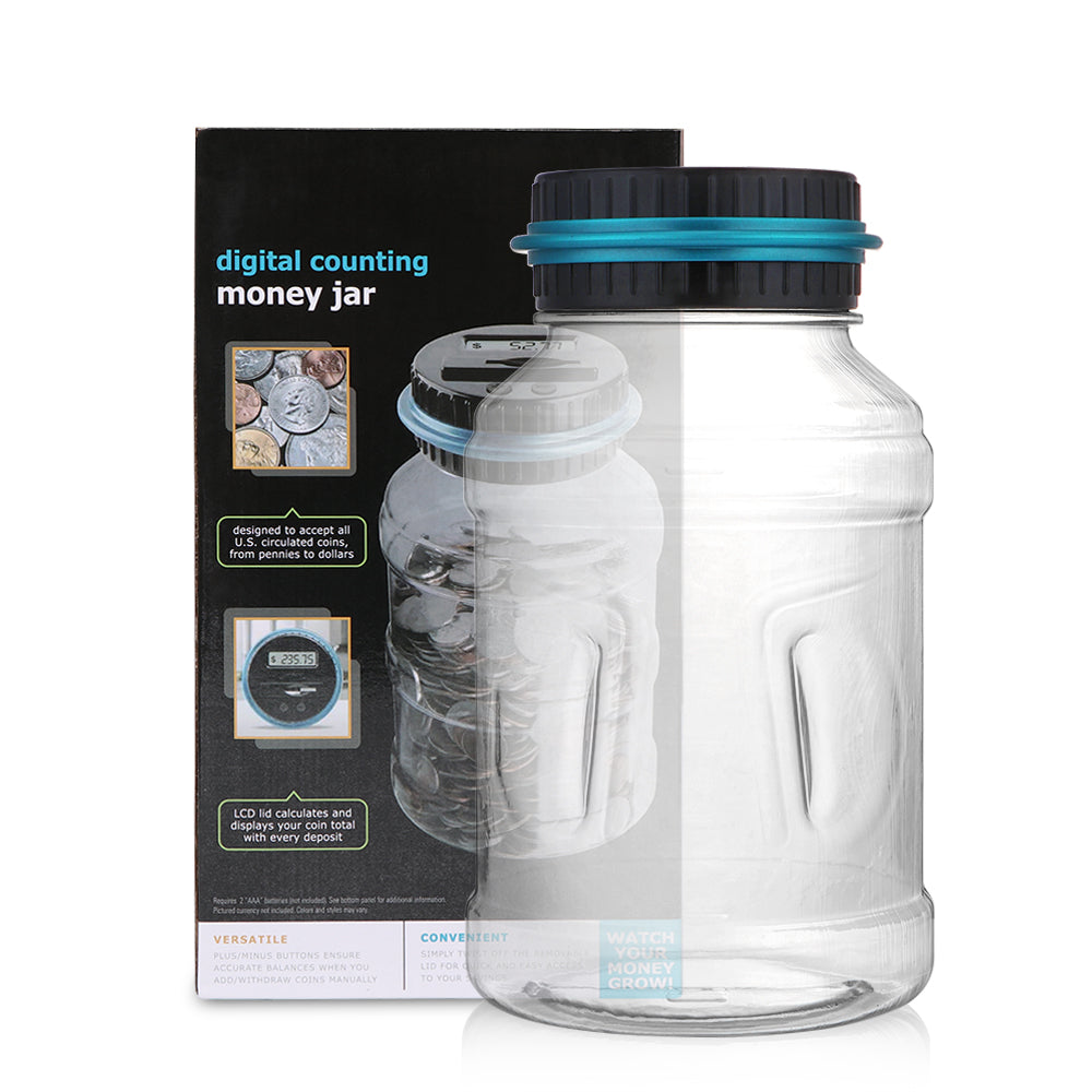 Digital coin counting money saving jar from Teal Simba, designed as a bath and beauty-themed coin bank with a digital display.