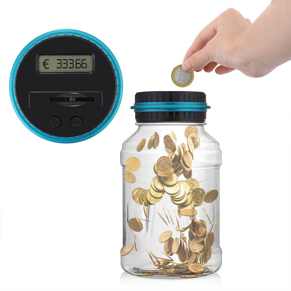 Digital coin counting money saving box jar bank by Teal Simba, designed for storing coins with a digital display, in a bath and beauty style.