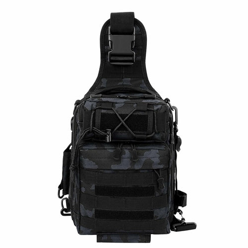 Black camouflage waterproof fishing tackle backpack by Amethyst Osage, designed for outdoor gear storage and fishing trips.