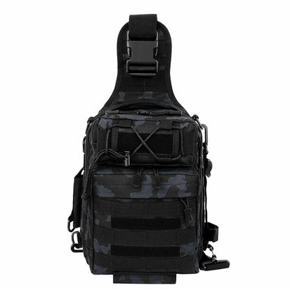 Black camouflage waterproof fishing tackle backpack by Amethyst Osage, designed for outdoor gear storage and fishing trips.