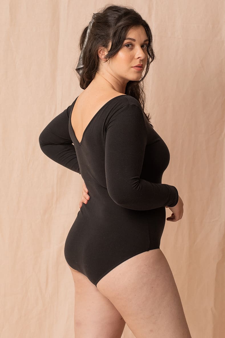 Black body lingerie by Silver Daedalus, featuring a fitted design with front and back view, showcasing elegant lace details.