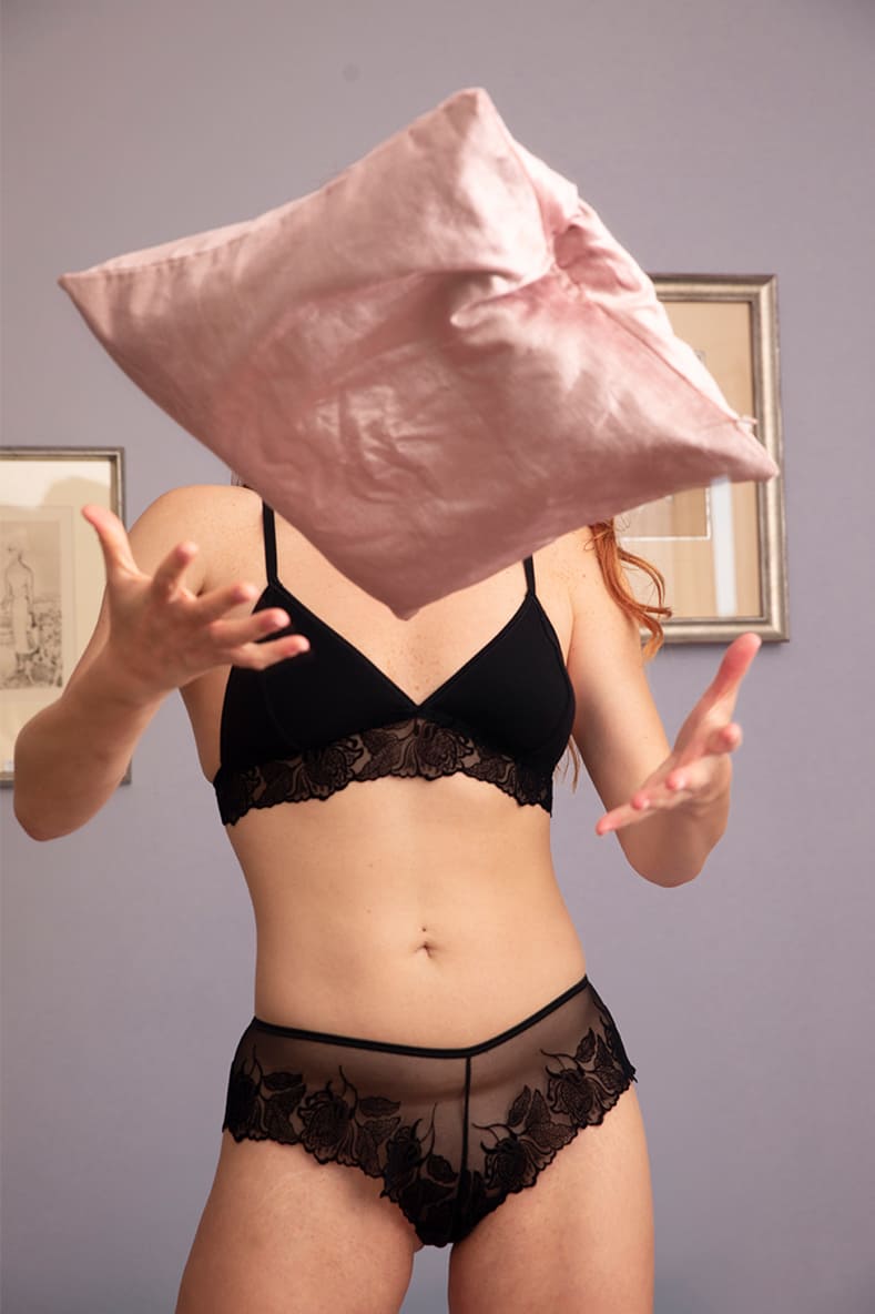 Black Shorty Neva lingerie by Silver Daedalus featuring lace and cotton bio fabric, displayed on a mannequin.
