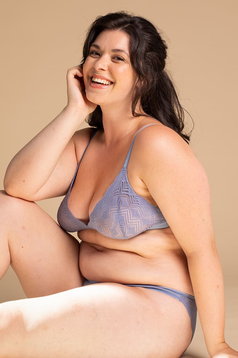 Blue Myosotis lace Dawa bra by Silver Daedalus, XS size, showcasing intricate recycled lace fabric and supportive lingerie design.