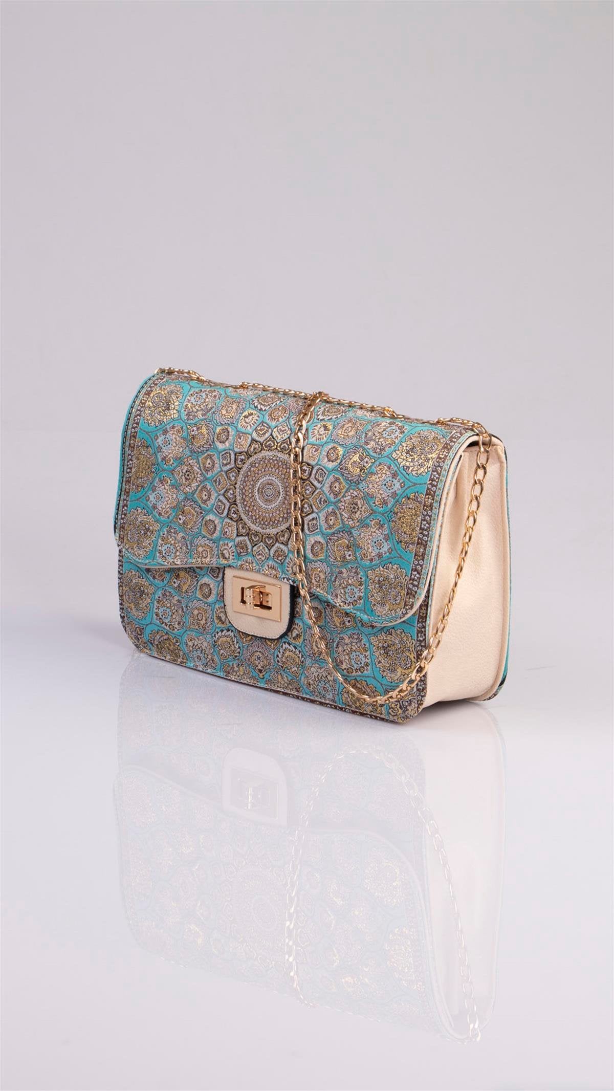 Handmade multicolor Oriental handbag with beige and turquoise tones featuring a detailed mandala design, by Chocolate Eros.