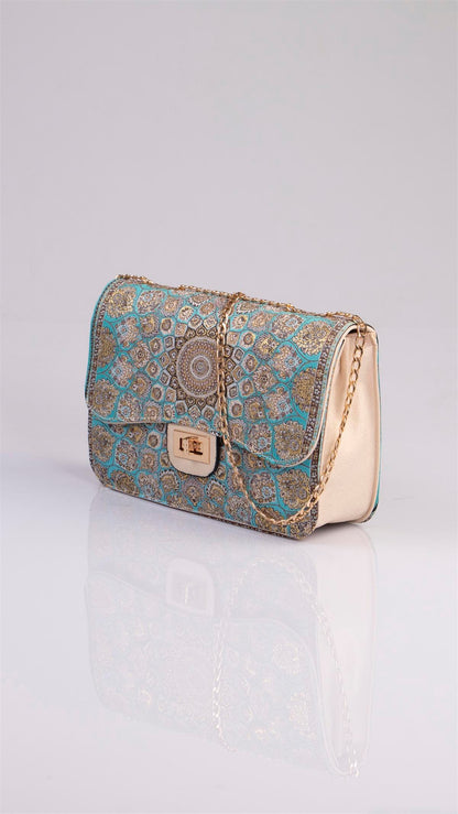 Handmade multicolor Oriental handbag with beige and turquoise tones featuring a detailed mandala design, by Chocolate Eros.