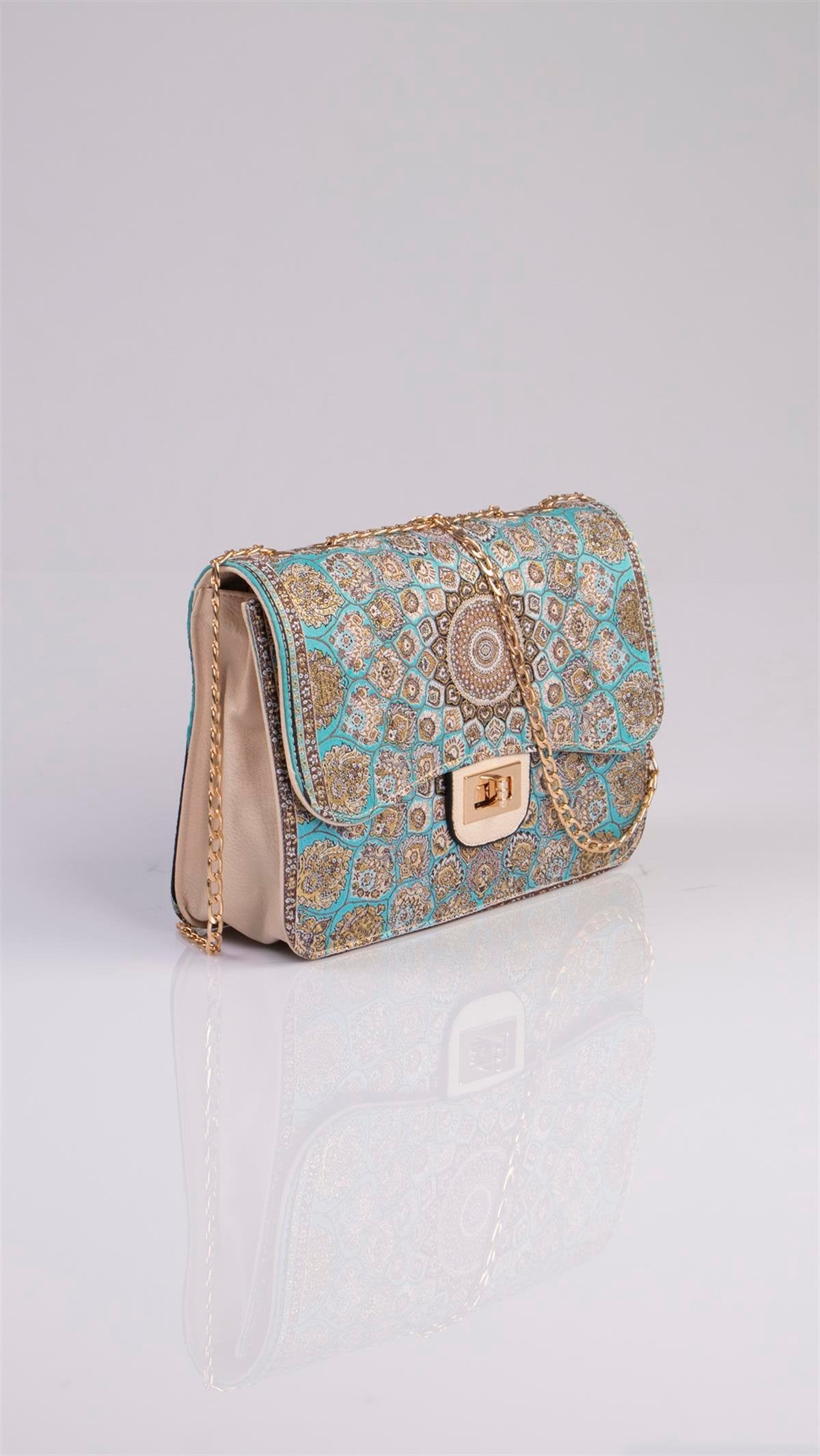 Handmade Oriental multicolor beige and turquoise handbag with mandala design from Chocolate Eros, featuring elegant Bag &amp; Wallet style.