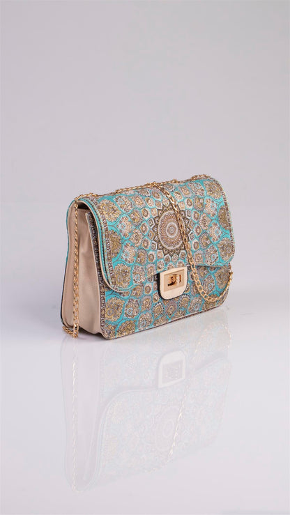 Handmade Oriental multicolor beige and turquoise handbag with mandala design from Chocolate Eros, featuring elegant Bag &amp; Wallet style.