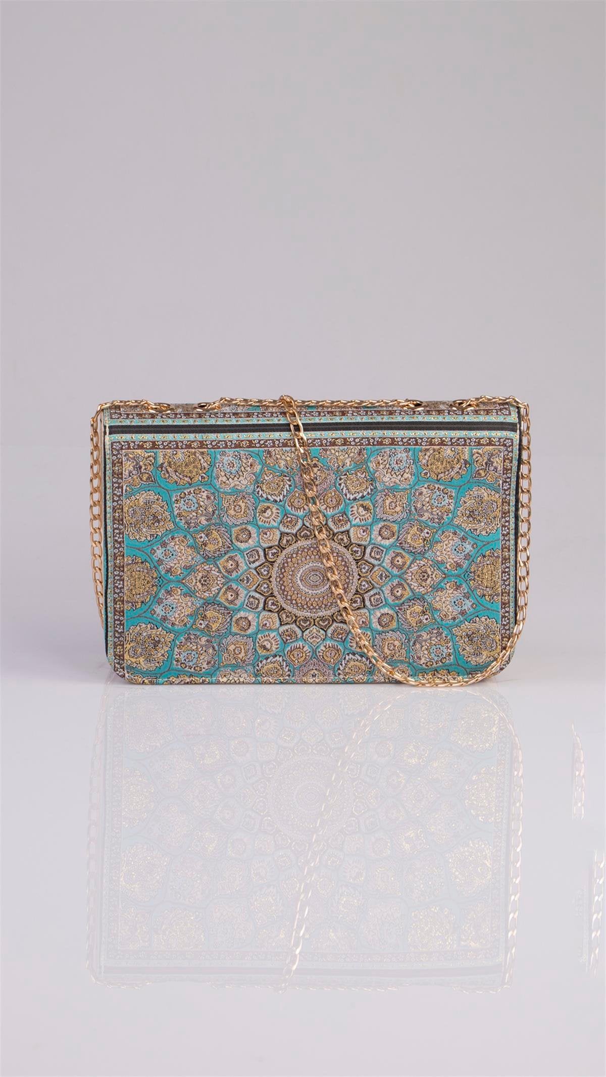 Handmade Oriental multicolor beige and turquoise handbag with mandala design from Chocolate Eros, featuring intricate patterns and elegant style.