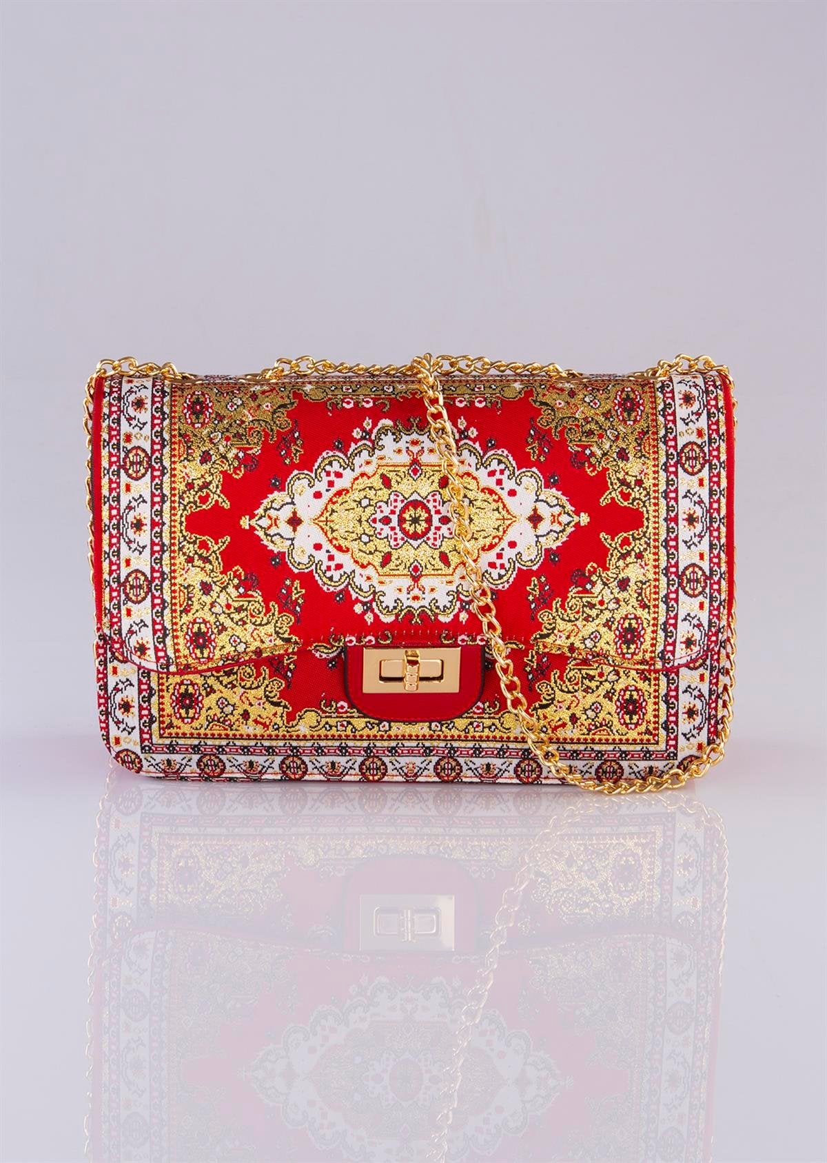 Handmade Oriental multicolor handbag with gold and red accents by Chocolate Eros, featuring intricate design and elegant style.