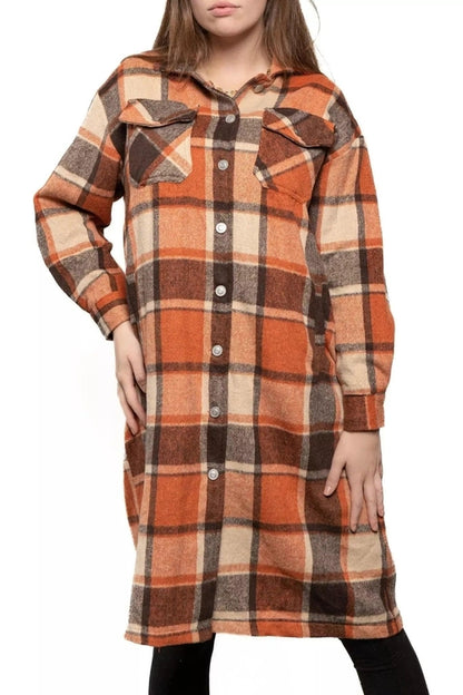 Pets wearing Burgundy Perses oversized plaid long shacket, cozy and stylish pet shacket with a plaid pattern.