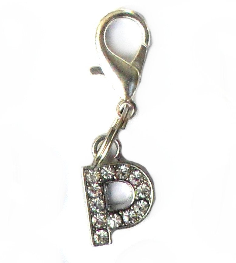 Salmon Oscar A-Z Crystal Letter Pet Charm attached to a leash, adding personalized sparkle to pet collar or harness.