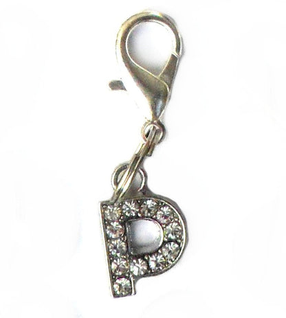 Salmon Oscar A-Z Crystal Letter Pet Charm attached to a leash, adding personalized sparkle to pet collar or harness.
