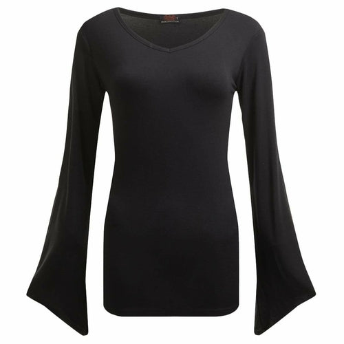 Black Jasper Gothic Elegance V-neck goth sleeve top in black, featuring a stylish V neckline and long sleeves.
