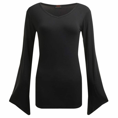Black Jasper Gothic Elegance V-neck goth sleeve top in black, featuring lace details and a fitted, stylish design.
