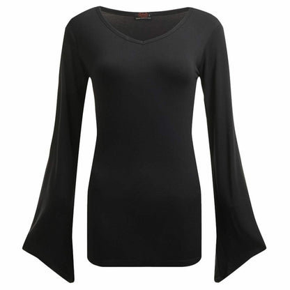 Black Jasper Gothic Elegance V-neck goth sleeve top in black, featuring lace details and a fitted, stylish design.