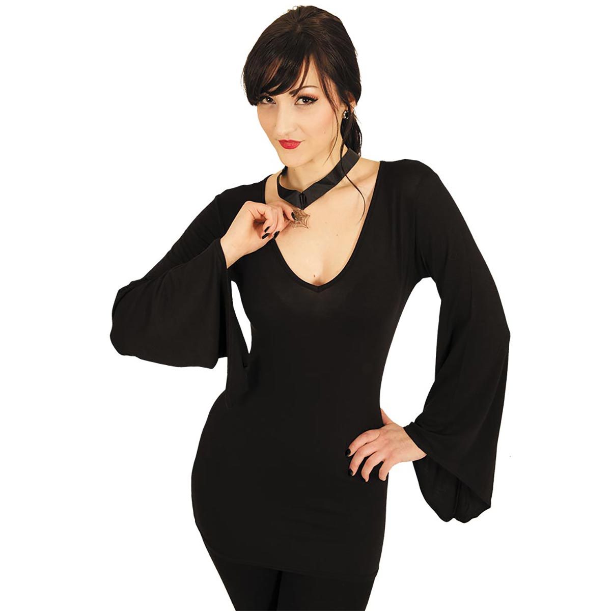 Black Jasper Gothic elegance V-neck goth sleeve top in black, featuring stylish long sleeves and a sleek, modern design.