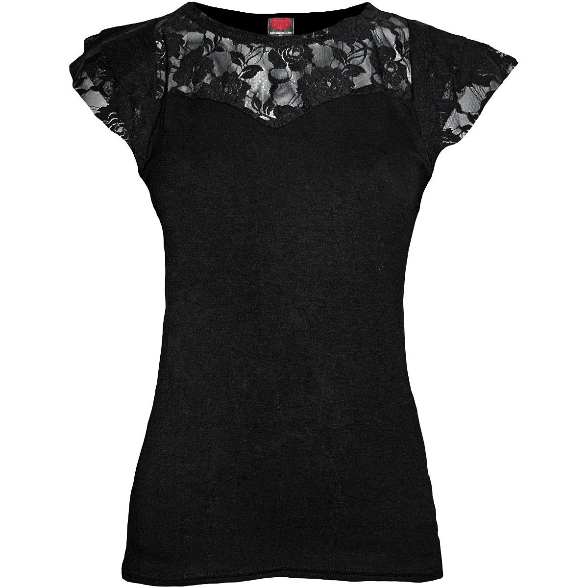 Black Jasper Gothic Elegance lace layered cap sleeve top in black, featuring intricate lace details and a fashionable, layered design.