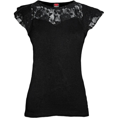 Black Jasper Gothic Elegance lace layered cap sleeve top in black, featuring intricate lace details and a fashionable, layered design.