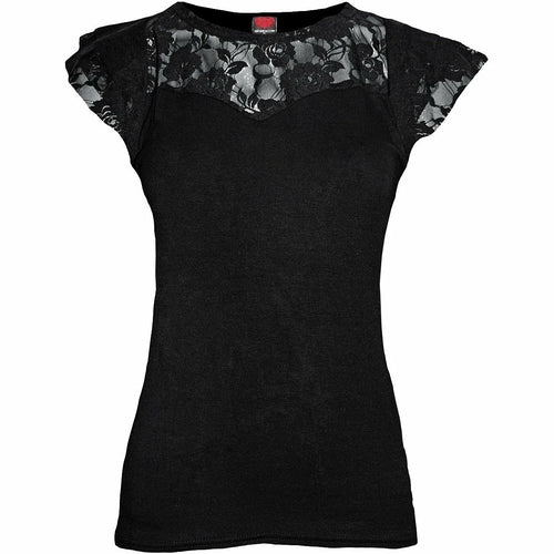 Black Jasper Gothic Elegance lace layered cap sleeve top in black, featuring intricate lace details and a stylish layered design.
