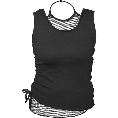 Black Jasper Gothic Rock 2-in-1 black mesh top with neck tie, featuring a stylish layered design and edgy gothic fashion style.