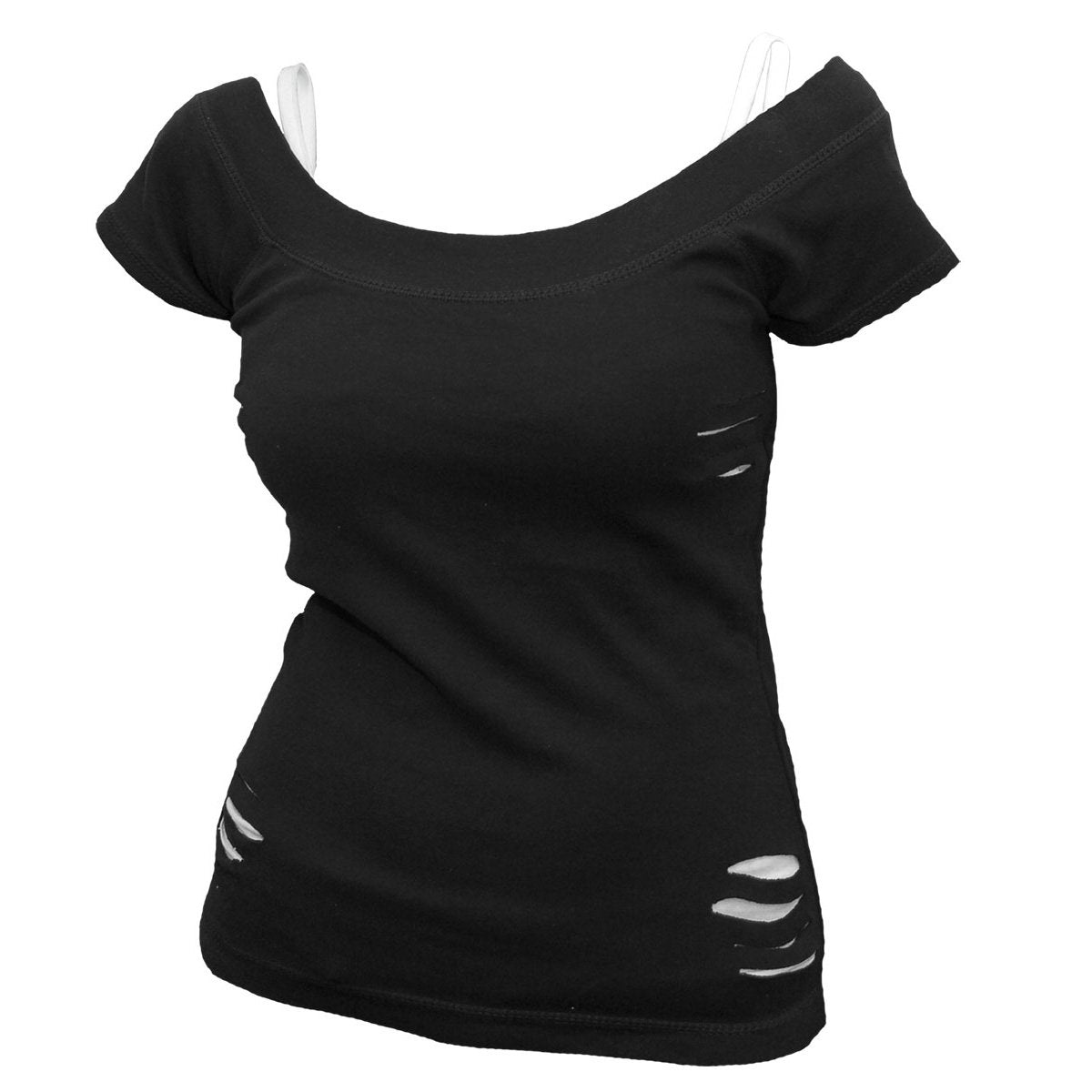 Black Jasper urban fashion 2-in-1 white ripped top and black blouse, stylish casual tops for modern streetwear.