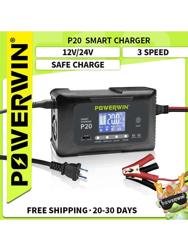 Indigo Icarus Powerwin P20 12V/24V 20A automatic car battery charger with digital display and cable connections.