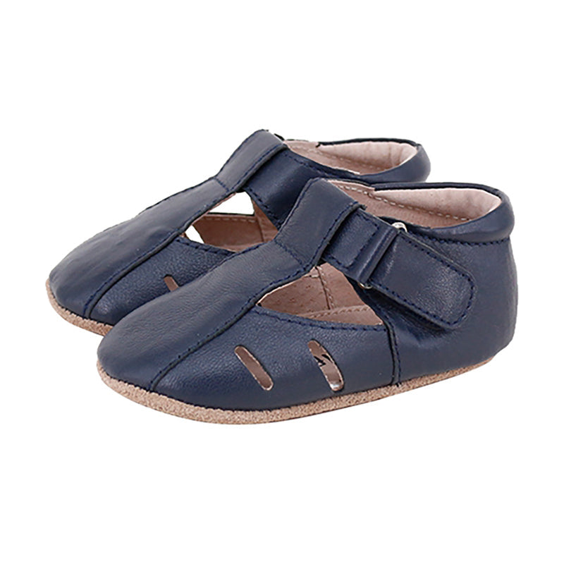 Rose Chestnut Dakota baby and toddler navy first walker shoes with soft soles and strap closure, suitable for early walking.
