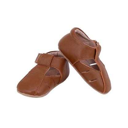 Tan Dakota Baby &amp; Toddler First Walker Shoes by Rose Chestnut, front view showing soft leather footwear for little feet.
