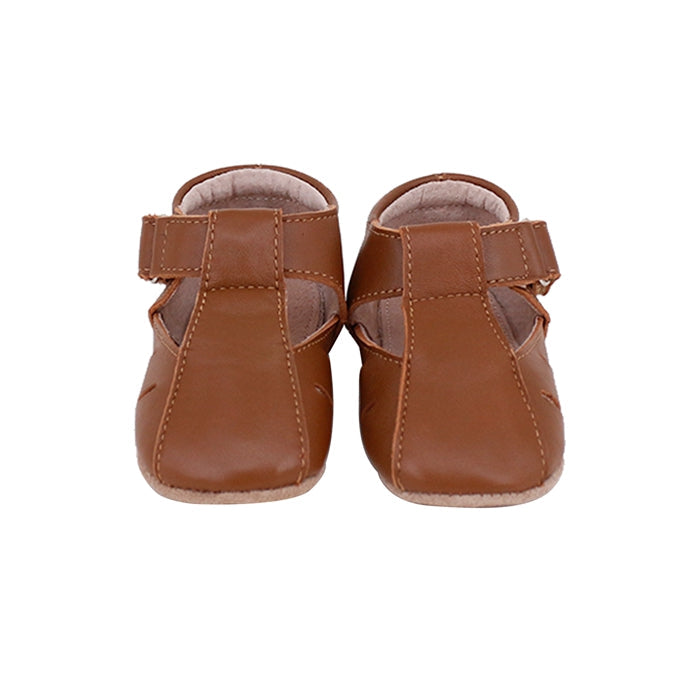 Rose Chestnut Dakota baby and toddler first walker shoes in tan leather, featuring soft soles and cute ankle straps.