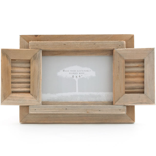 Lilac Erebus driftwood photo frame with shutter, decorative gift item showcasing natural wood design and vintage shutter detail.