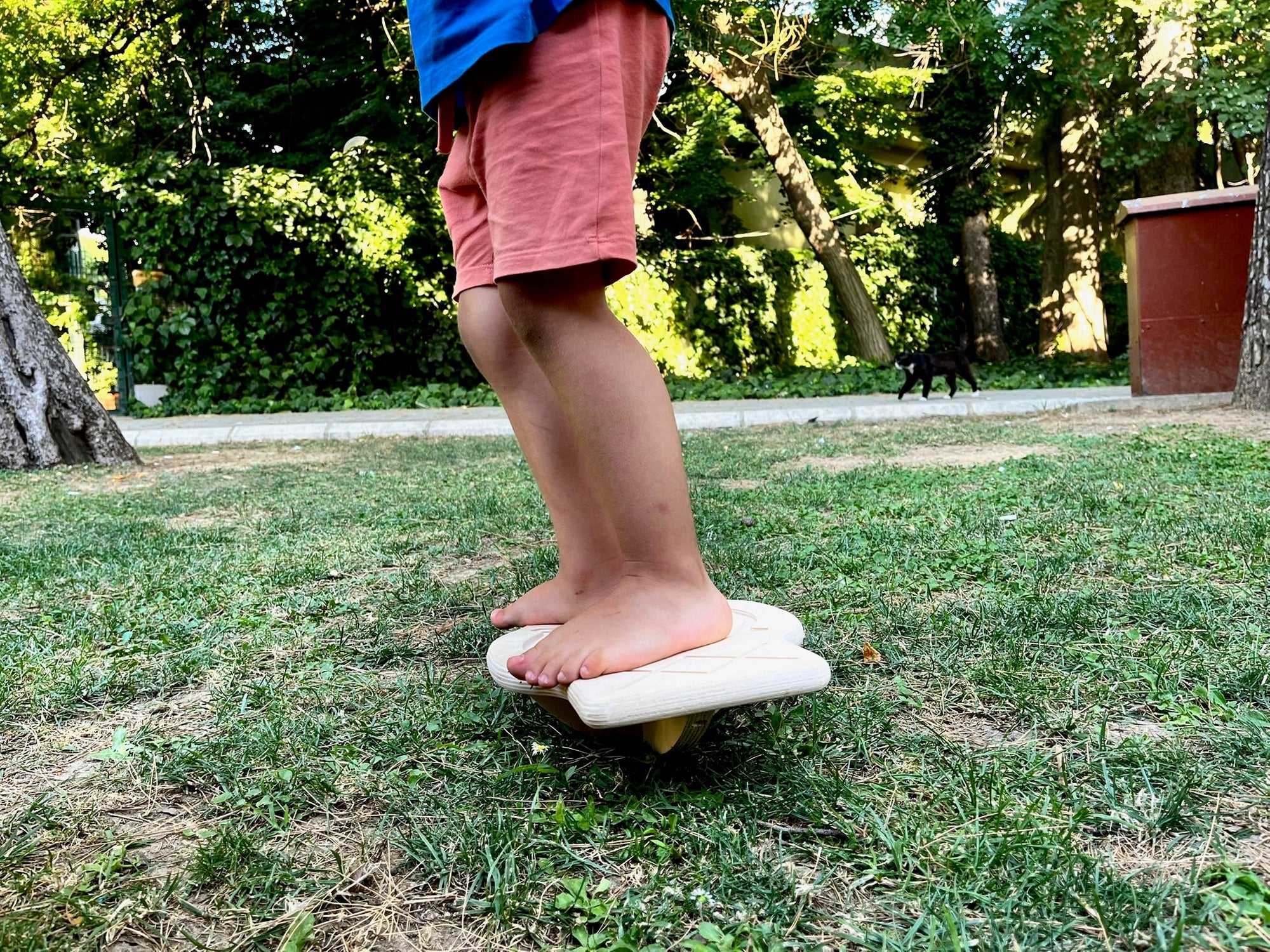 Red Oceanus Maze Wooden Balance Board, a natural wooden furniture piece with a curved design for stability and balance.